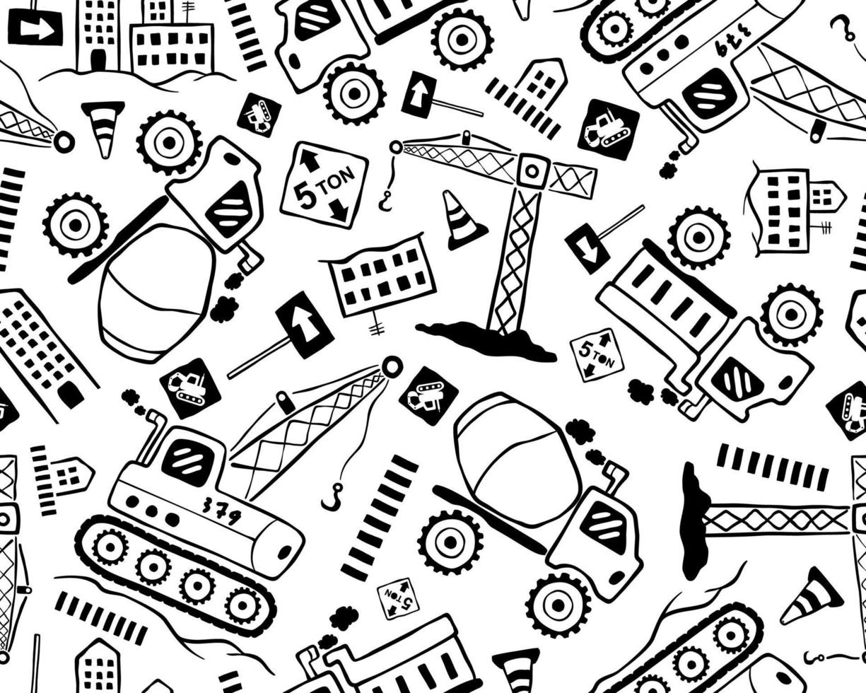 Seamless pattern vector of hand drawn construction vehicle cartoon with construction elements