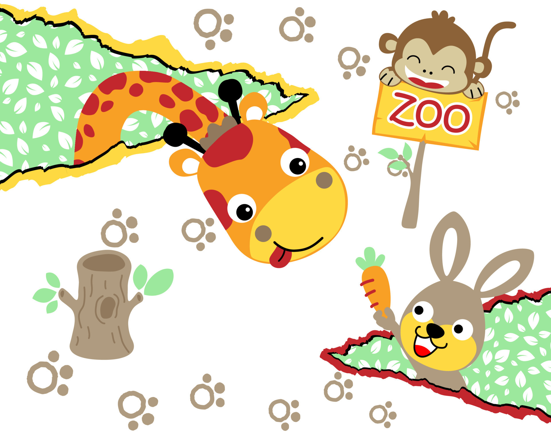 Vector illustration of funny animals cartoon. Giraffe, monkey and