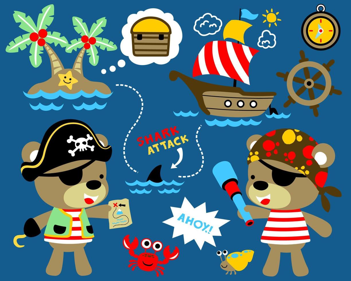 vector illustration of sailing theme set cartoon with funny pirates. Teddy bear in pirate costume with sailing elements
