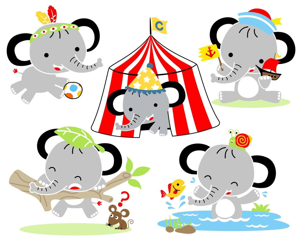 conjunto de ilustración vectorial de dibujos animados de elefante pequeño en actividades vector