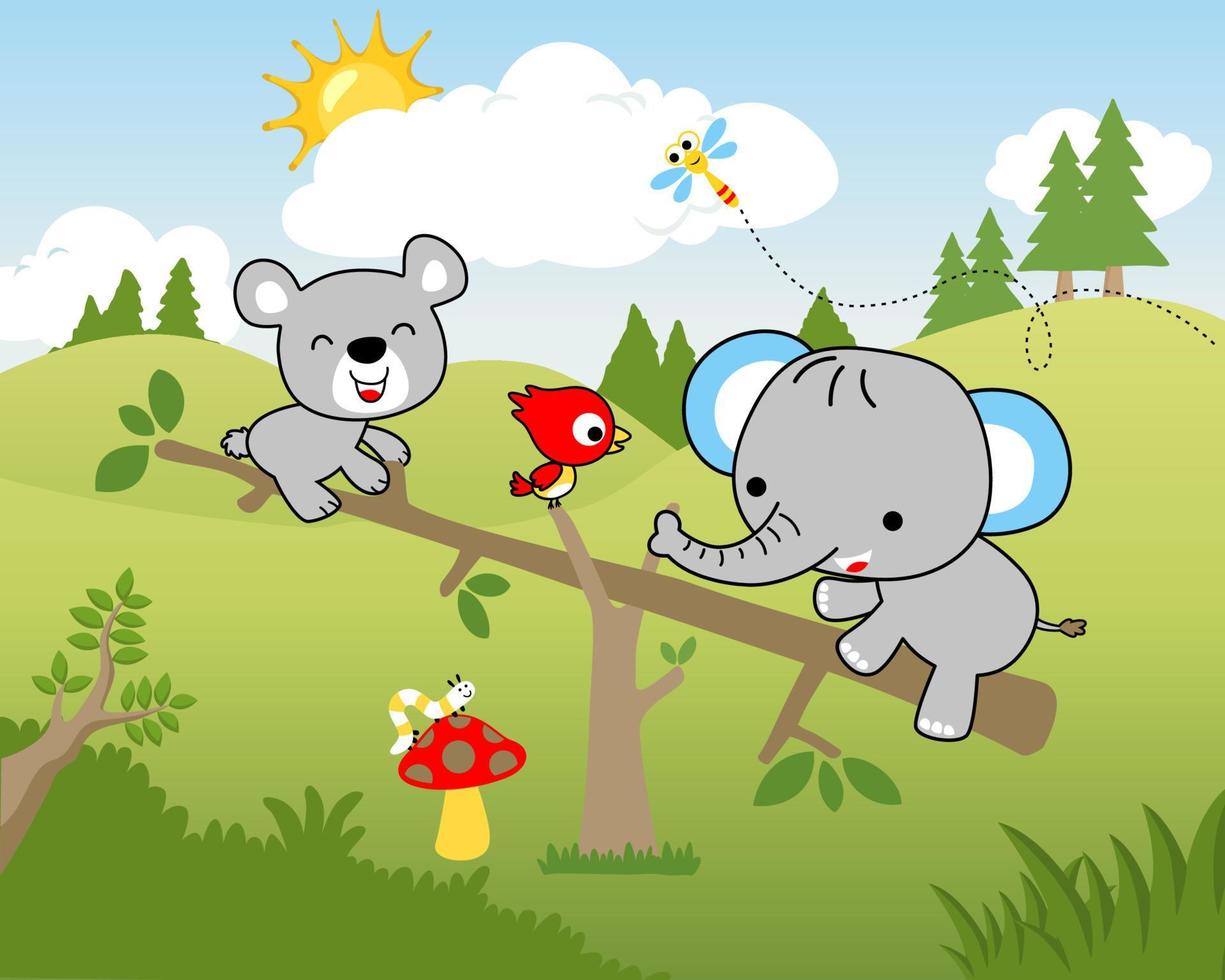 Vector illustration with cute animals cartoon on landscape background. Bear and elephant playing swing