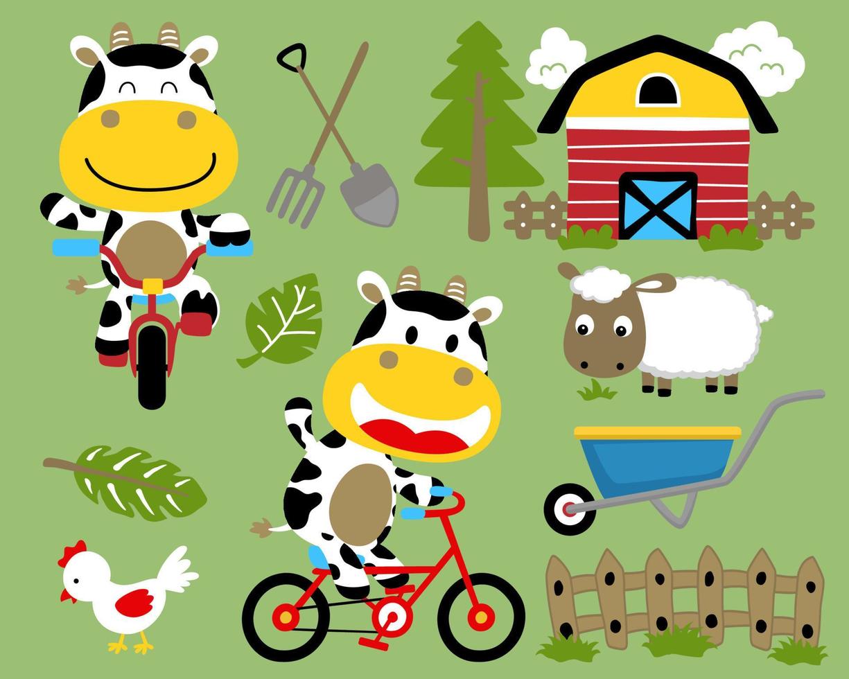 conjunto de ilustración vectorial de dibujos animados divertidos de vaca con animales de granja, elementos de corral vector