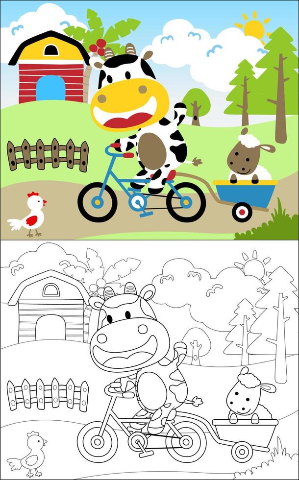 Coloring book vector of funny cow riding bicycle pulling sheep on wheelbarrow. Farmyard animals on farm field background