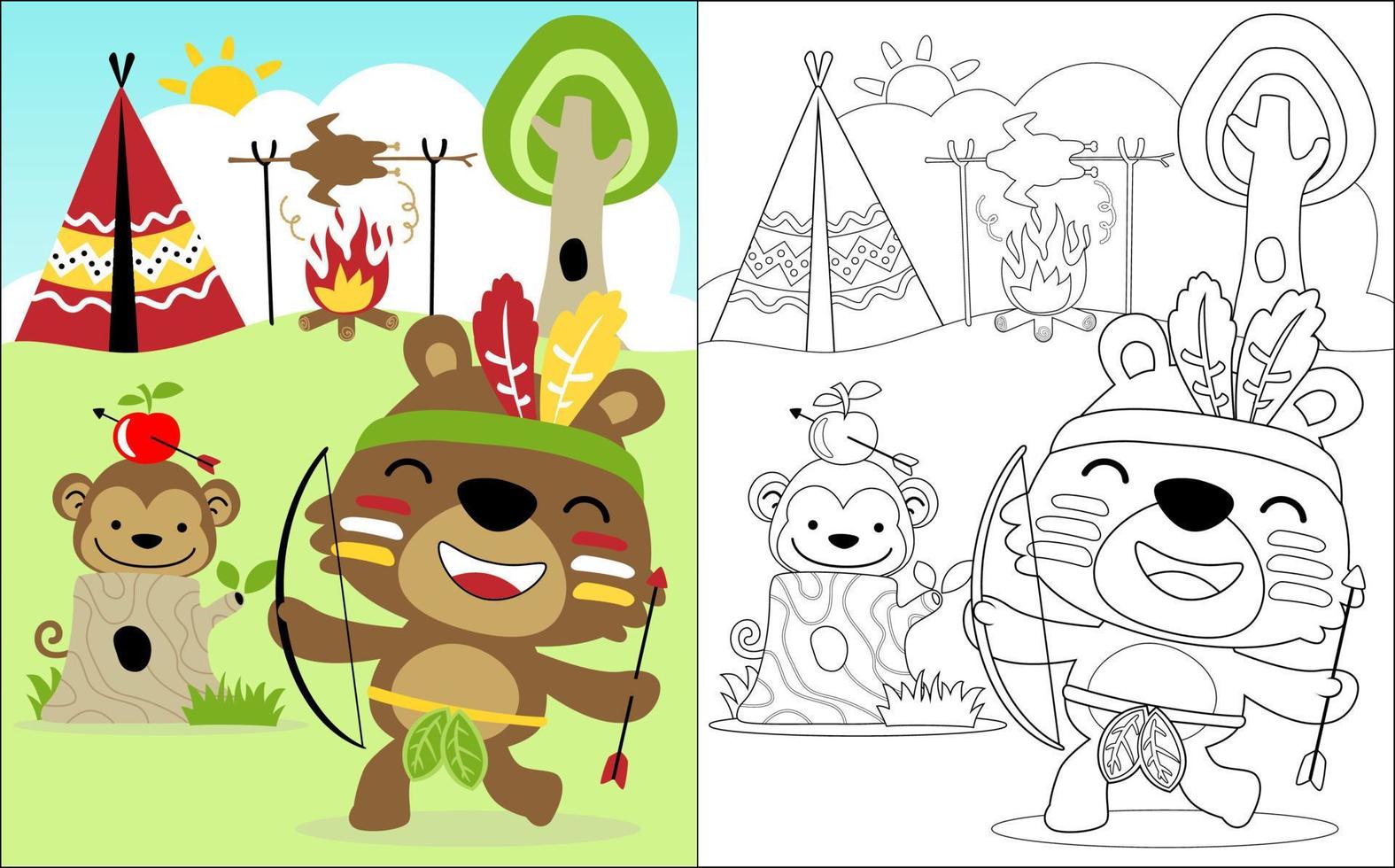 Coloring book vector of funny bear and monkey in Indian tribes costume playing archery