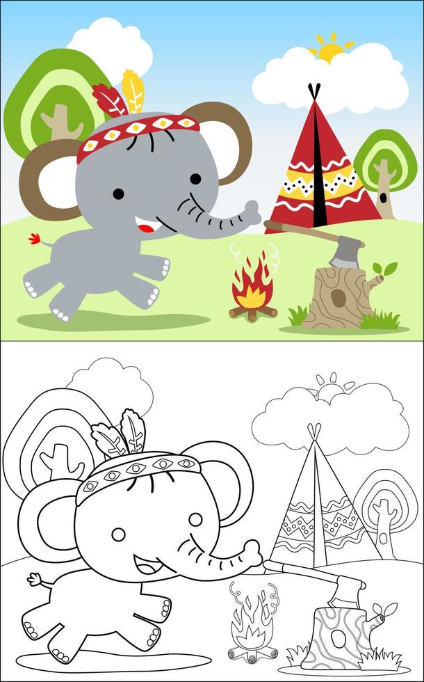 Coloring book vector of cute elephant in Indian tribe costume in jungle