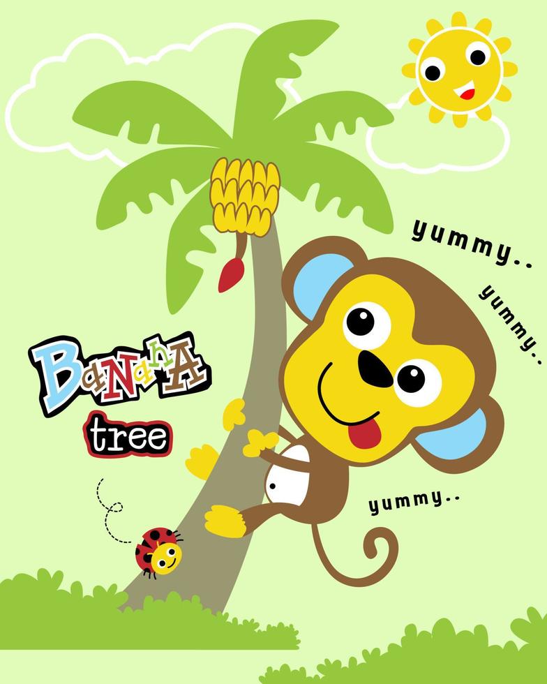 Vector cartoon of funny monkey climb banana tree, smiling sun and ladybird