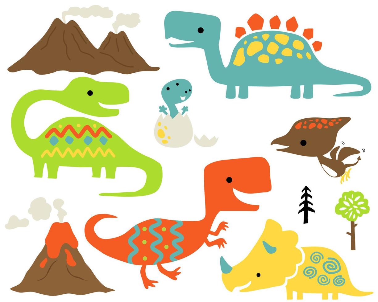 conjunto vectorial de coloridos dibujos animados de dinosaurios, volcanes y árboles. vector