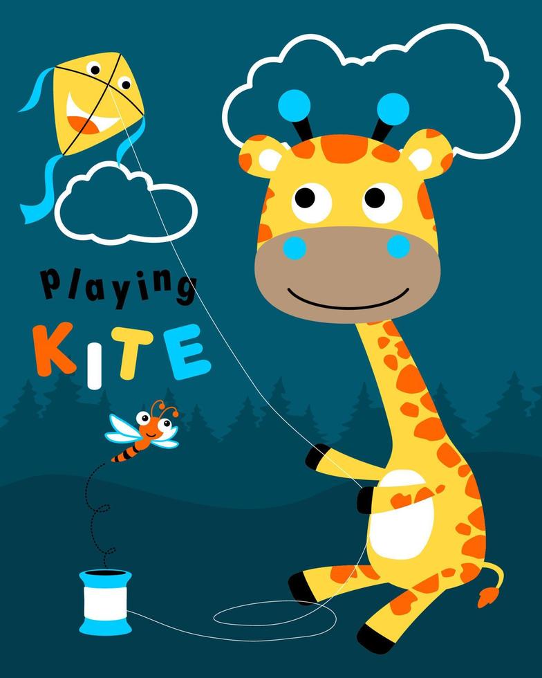 Vector cartoon of cute giraffe playing kite with dragonfly