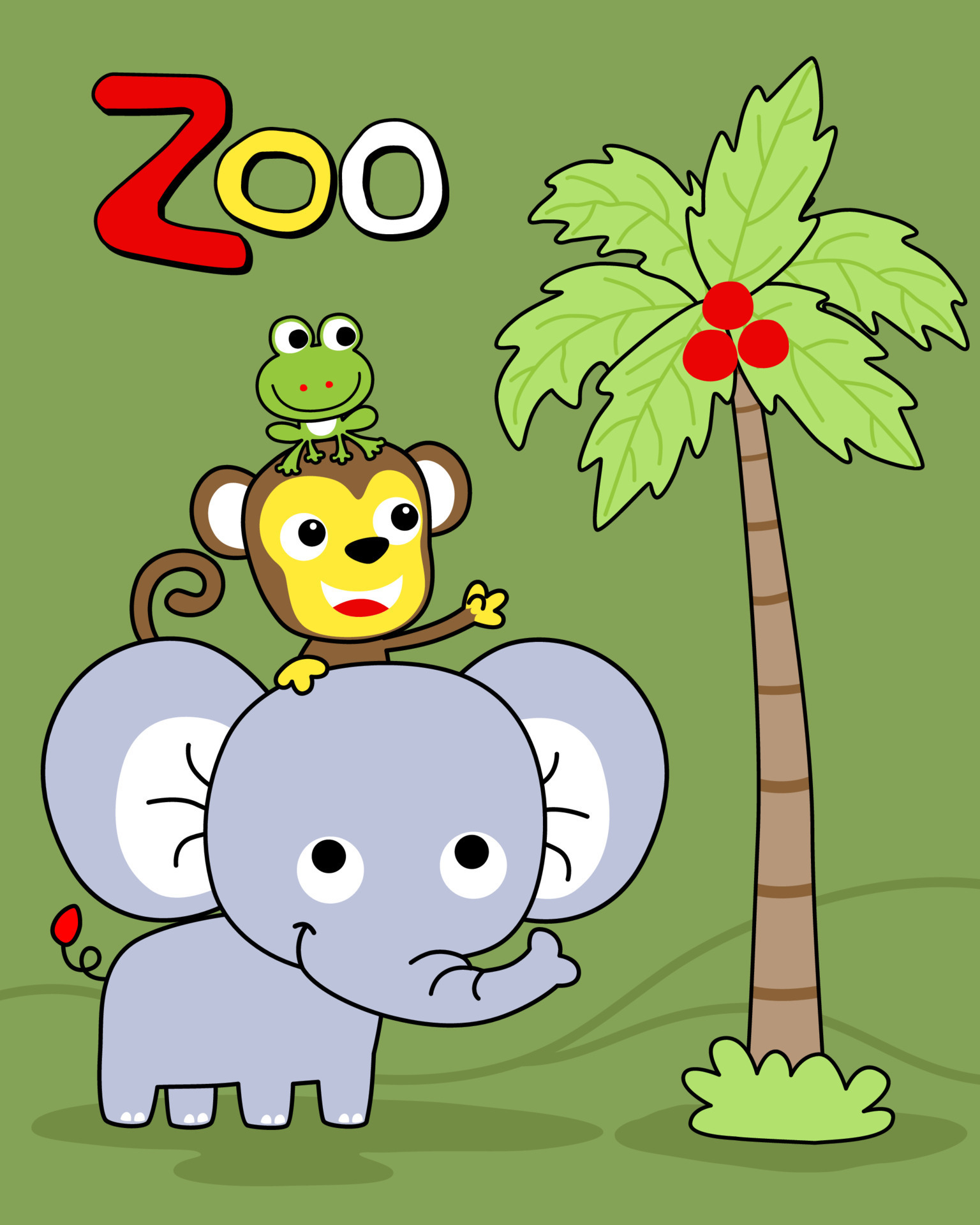 Vector cartoon of monkey and frog ride on elephant with a palm tree  16580915 Vector Art at Vecteezy