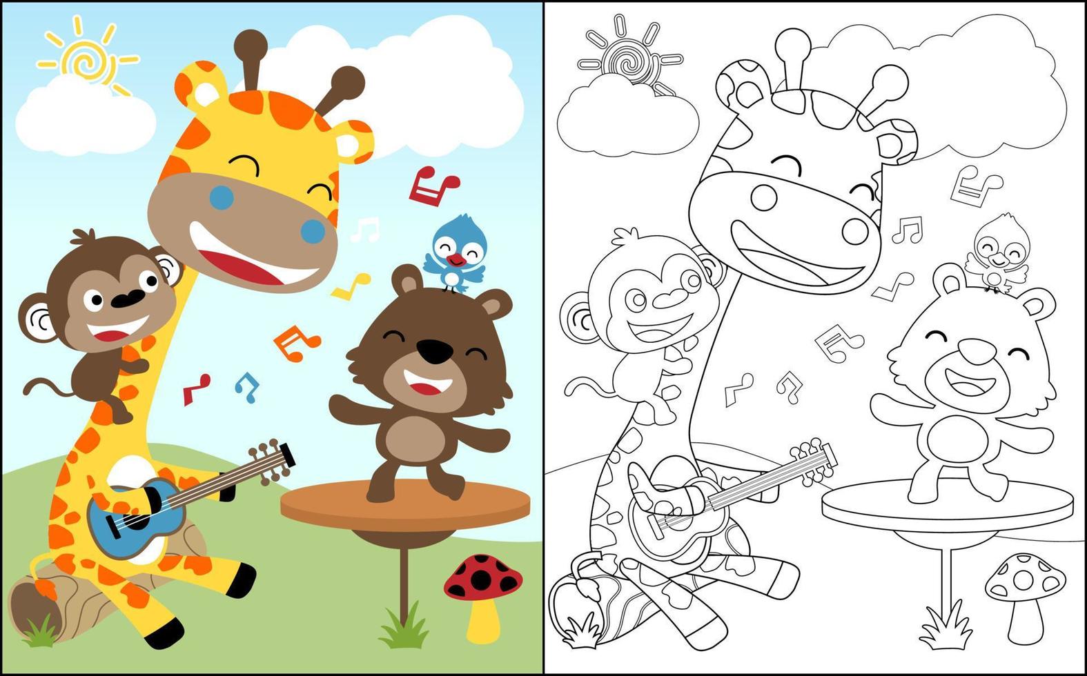 Coloring book vector of cute animals playing music and singing together in forest