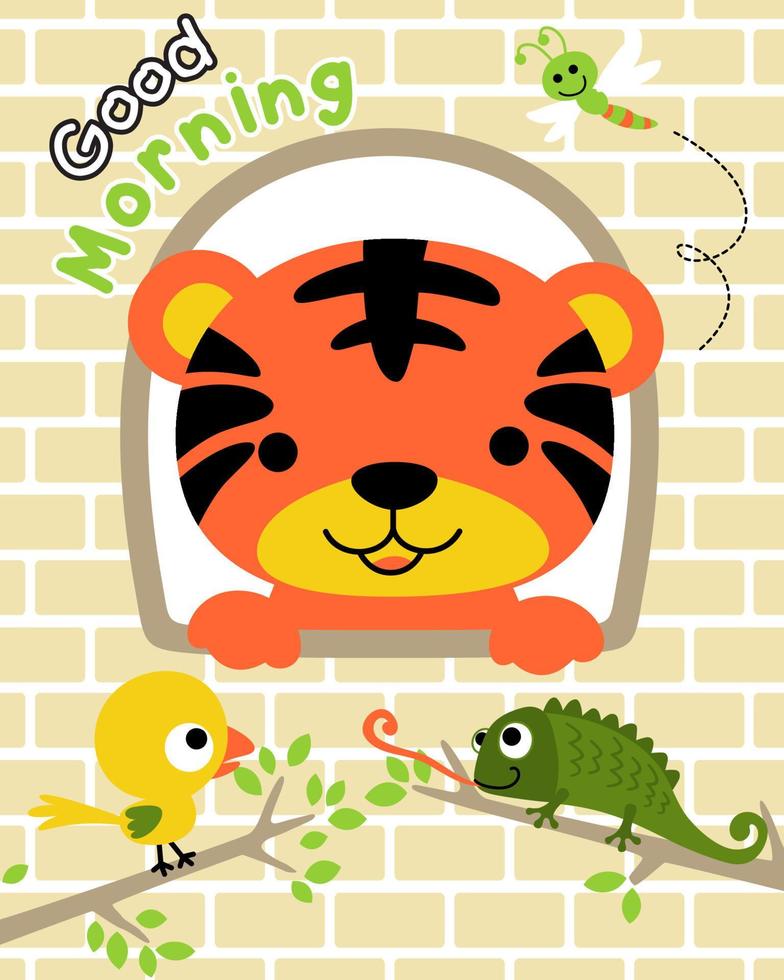 Vector of little tiger cartoon in the window with bird, dragonfly and chameleon on tree branches