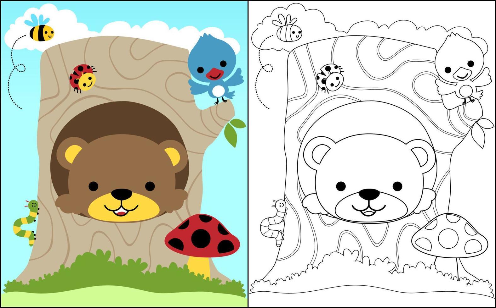 libro para colorear vector de lindo oso en tocón de árbol con pájaro y bichos