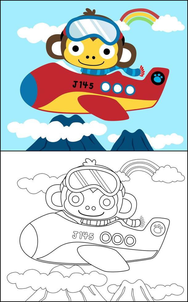 Coloring book vector with funny monkey on airplane