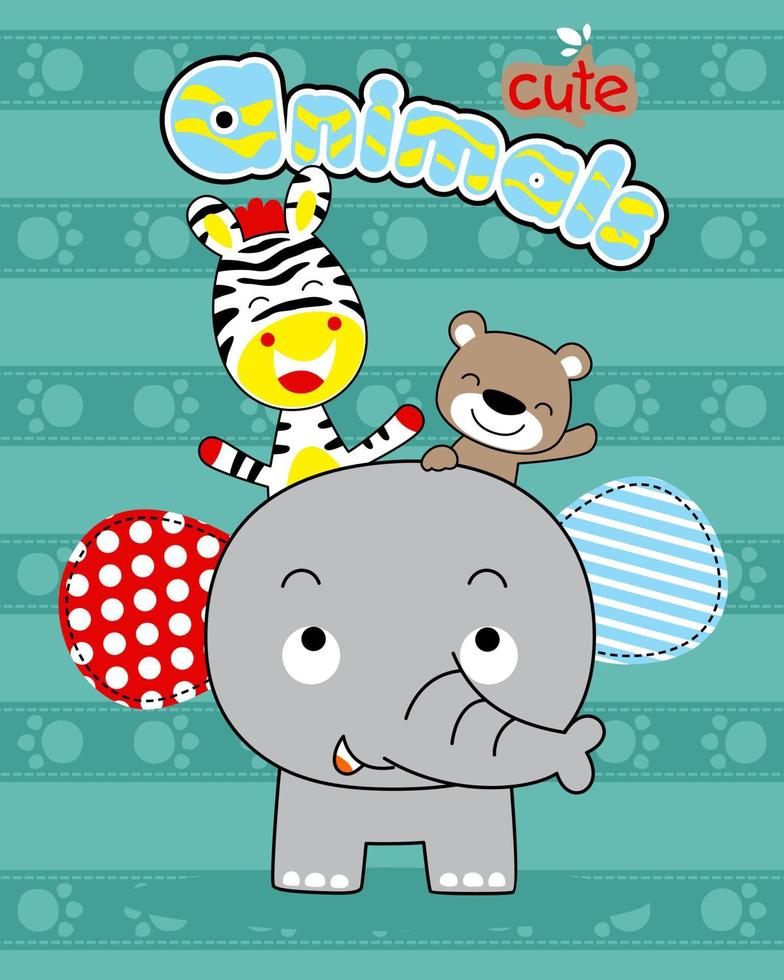 Cute animals cartoon vector with elephant, zebra, and bear on striped background