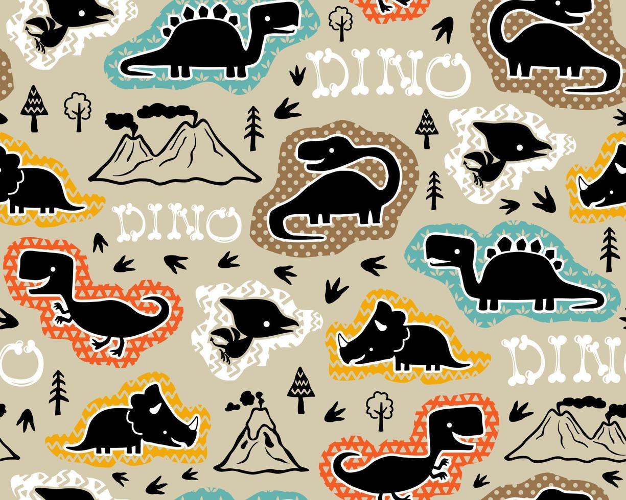 Seamless pattern vector of dinosaurs silhouette cartoon, trail, volcanoes and trees