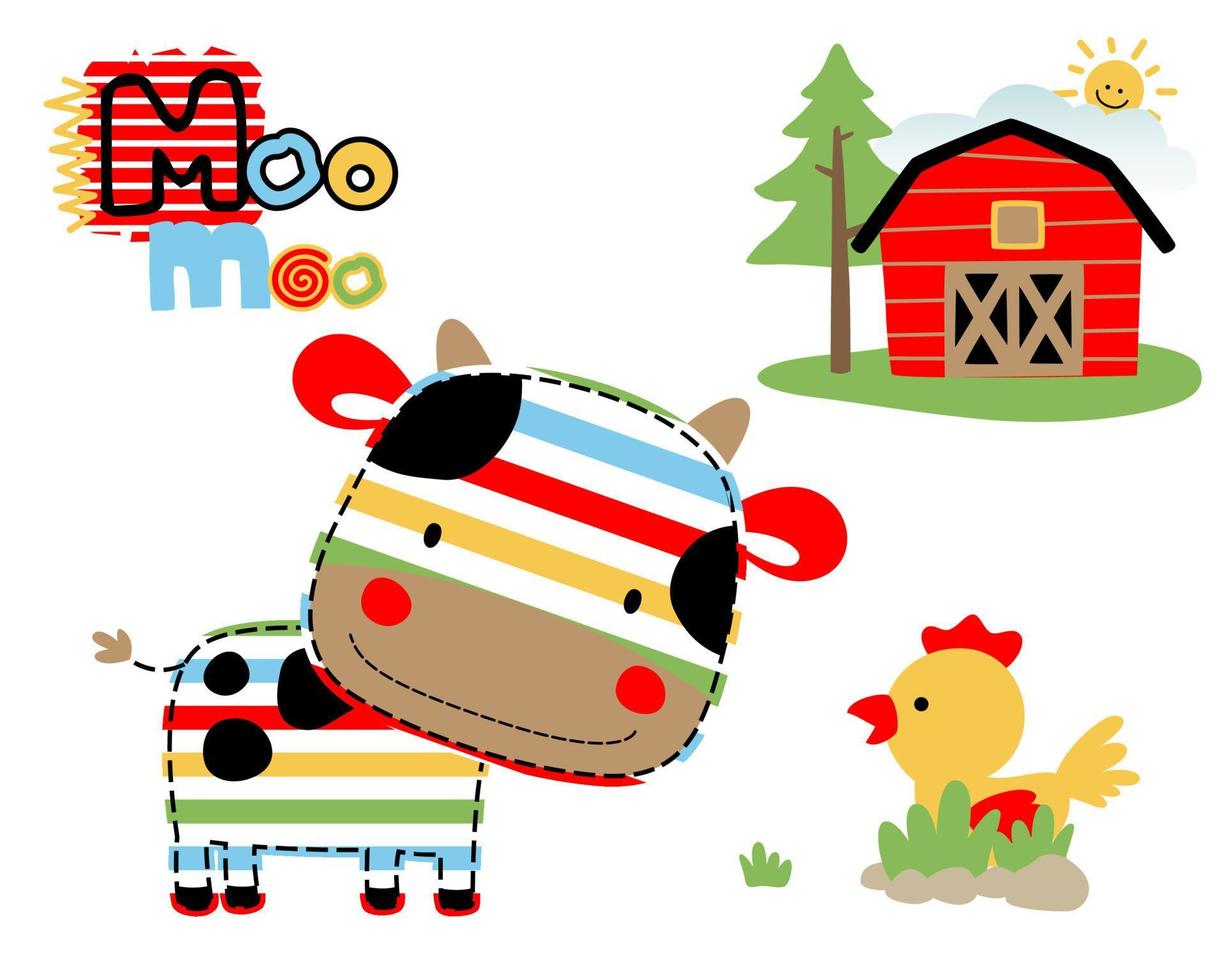 Vector cartoon of funny cow and chicken with barn. Farm elements cartoon