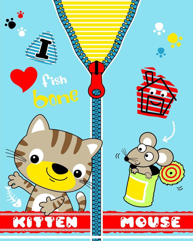 vector de dibujos animados de animales, gatito y ratón en patrón de ropa para niños