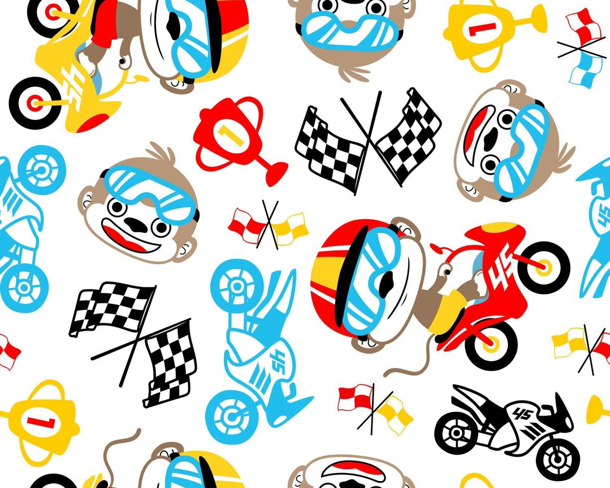 vector de patrones sin fisuras de divertidos dibujos animados de monos montando moto. ilustración de elementos de carrera de motor