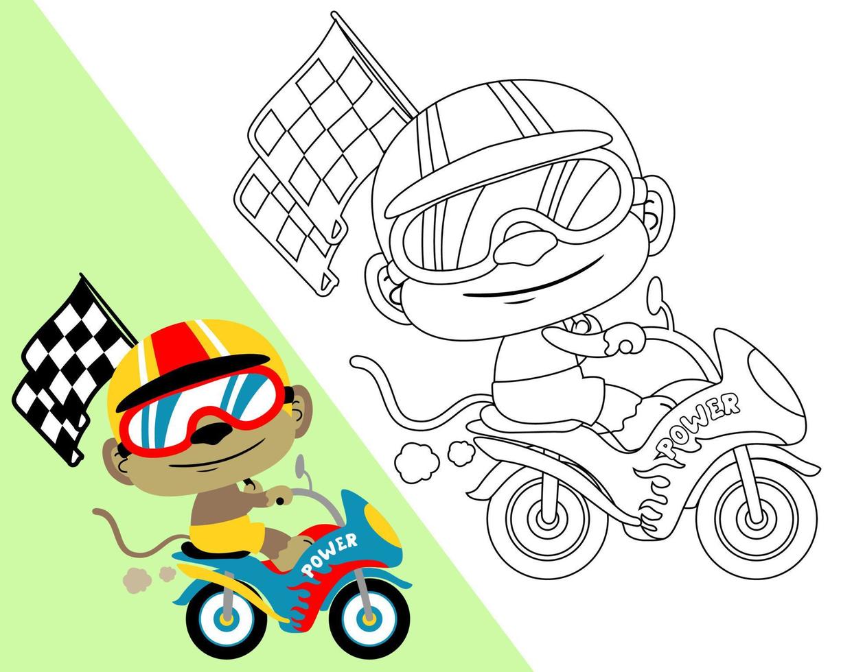 ilustración vectorial de dibujos animados divertidos de monos con casco y gafas de carreras en moto mientras lleva la bandera final vector