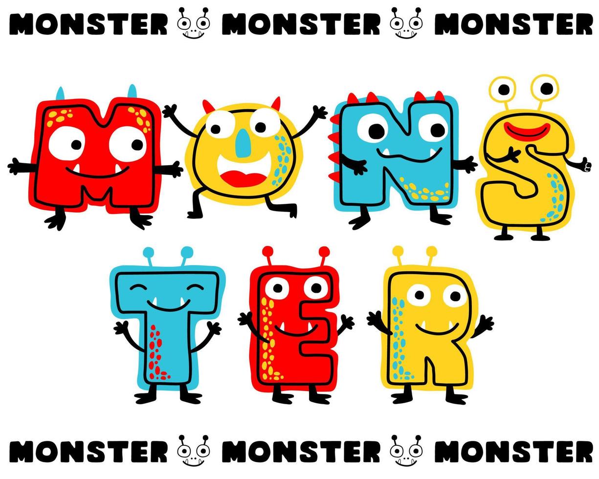 Cute monsters cartoon in letters shape. Vector illustration. Eps 10