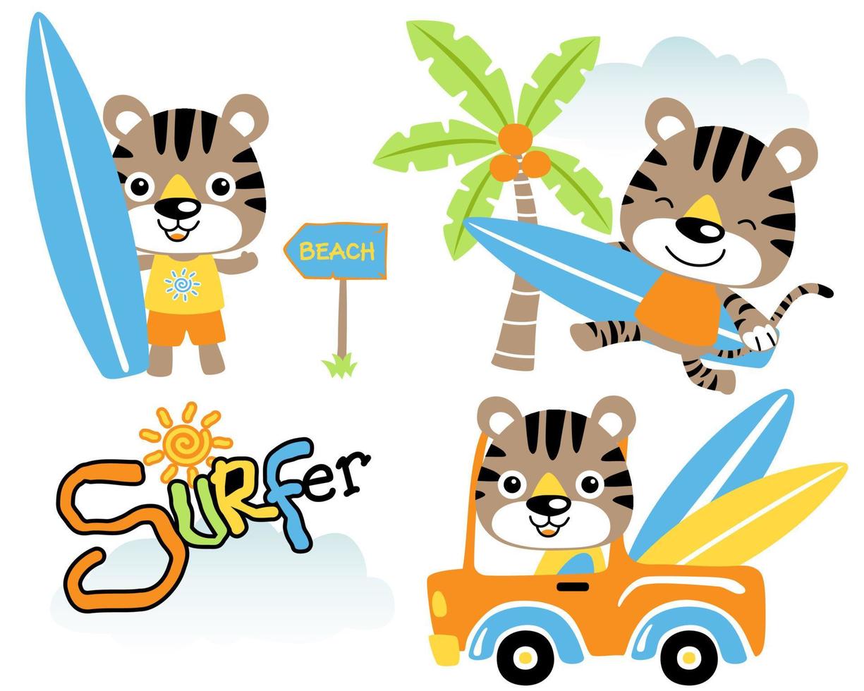 Vector set of little cat cartoon in activity, surfing elements cartoon