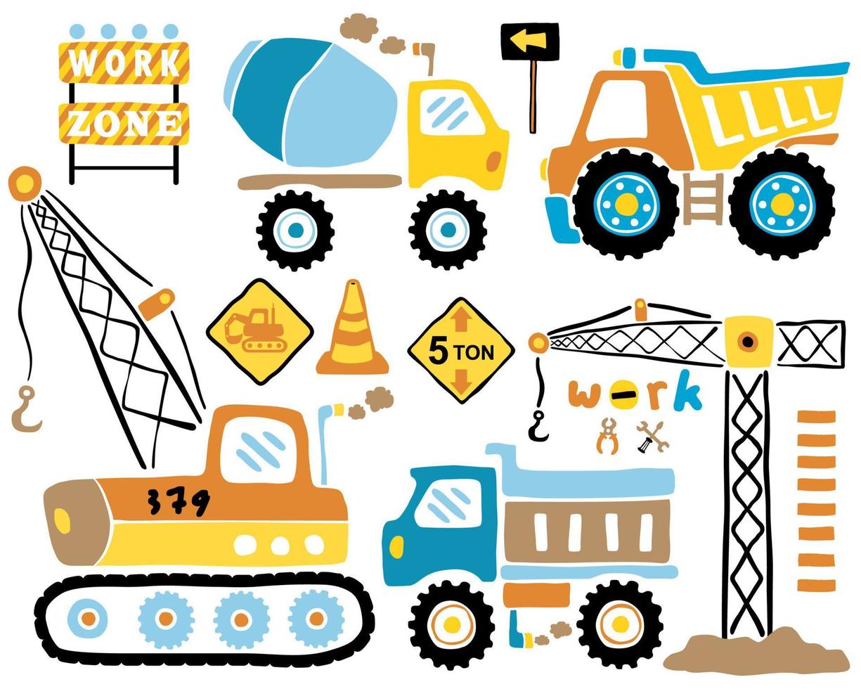 Vector set of hand drawn construction vehicles cartoon with construction elements