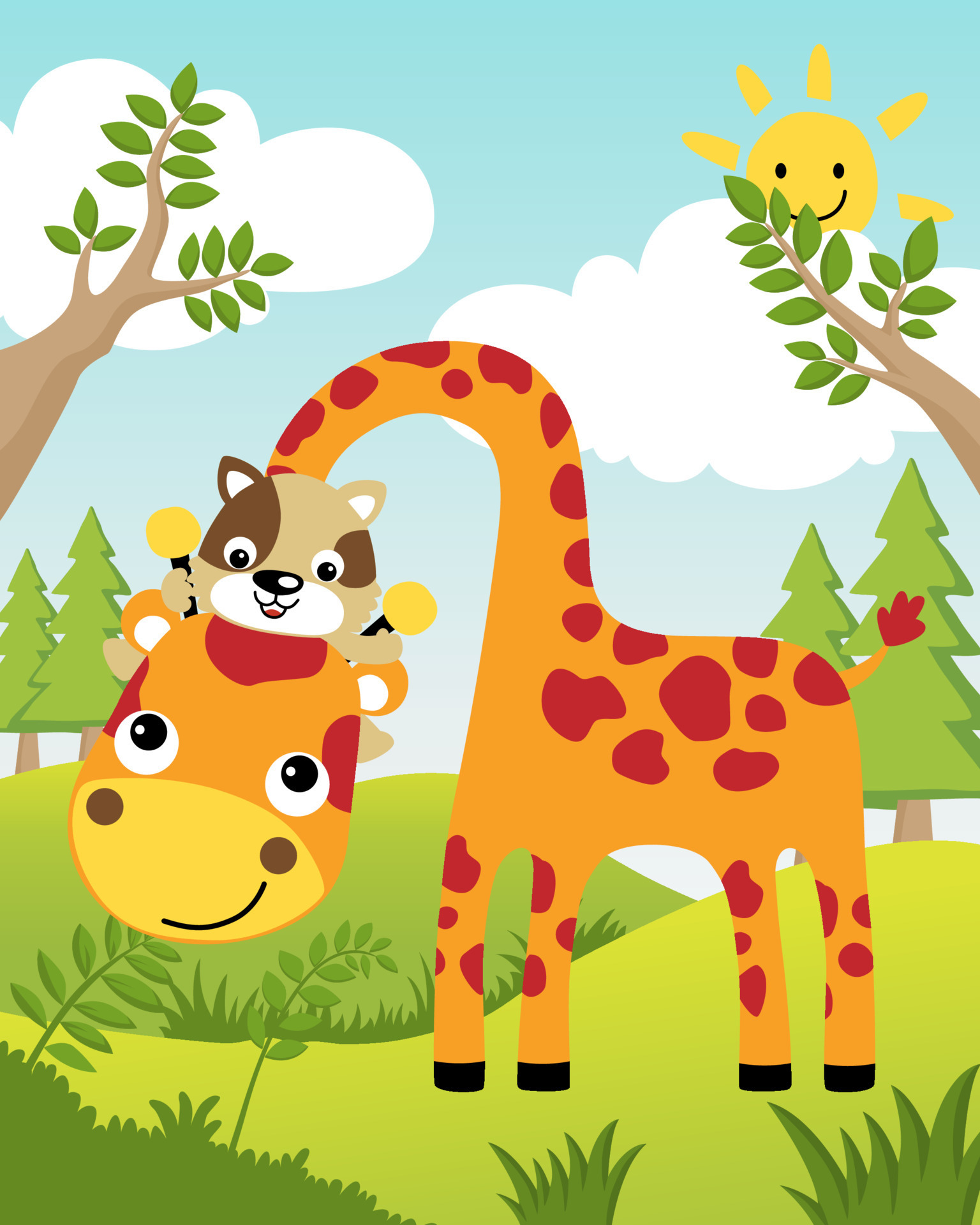 Cartoon of funny cat riding on giraffe's neck in jungle on blue sky  background 16580951 Vector Art at Vecteezy