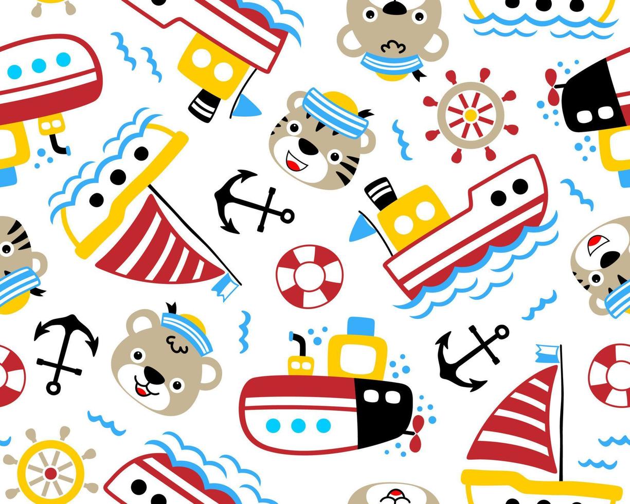 Seamless pattern vector of sailing elements cartoon with funny animals sailor