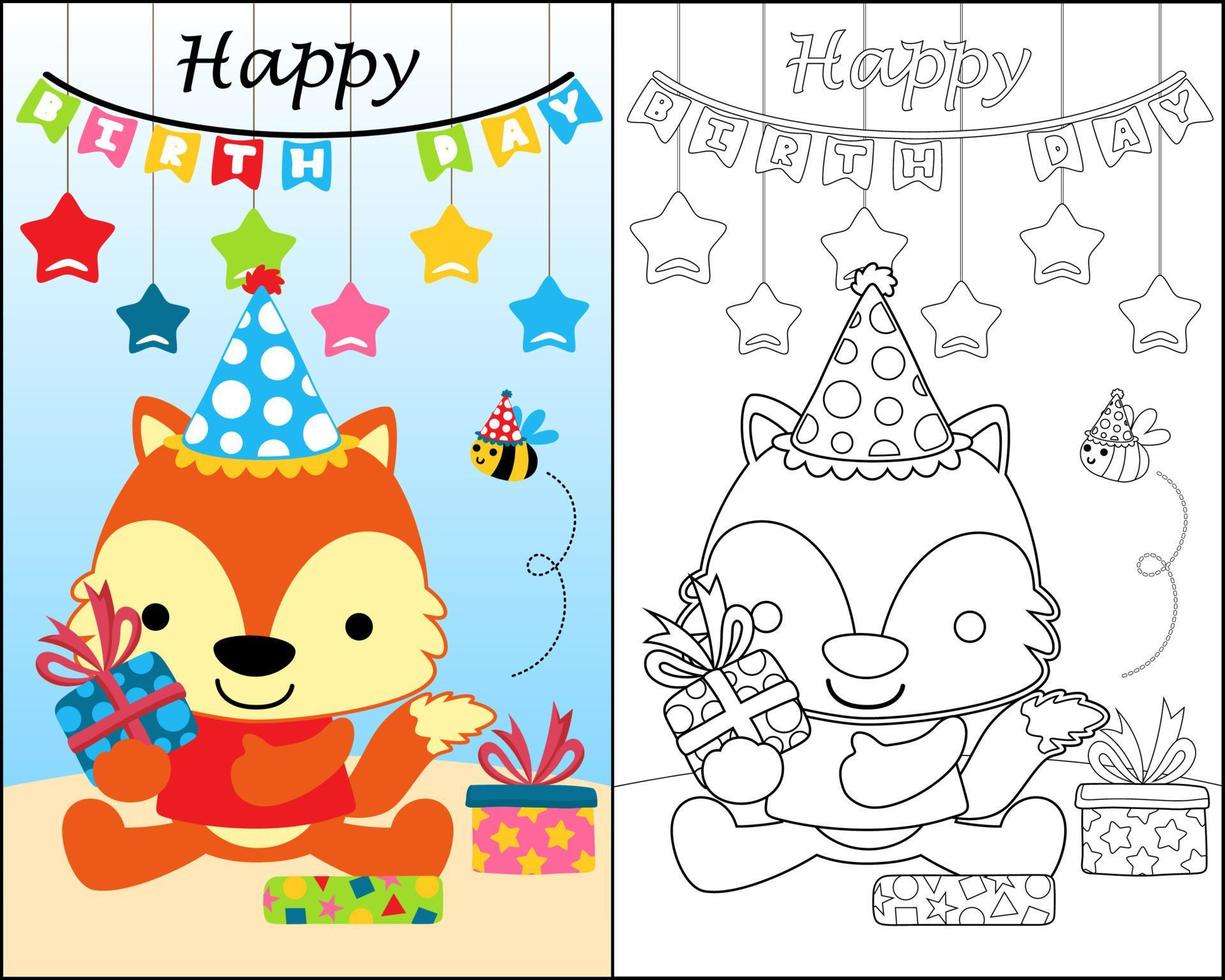 Coloring book with funny fox sitting holding gift box in birth day party with a bee vector