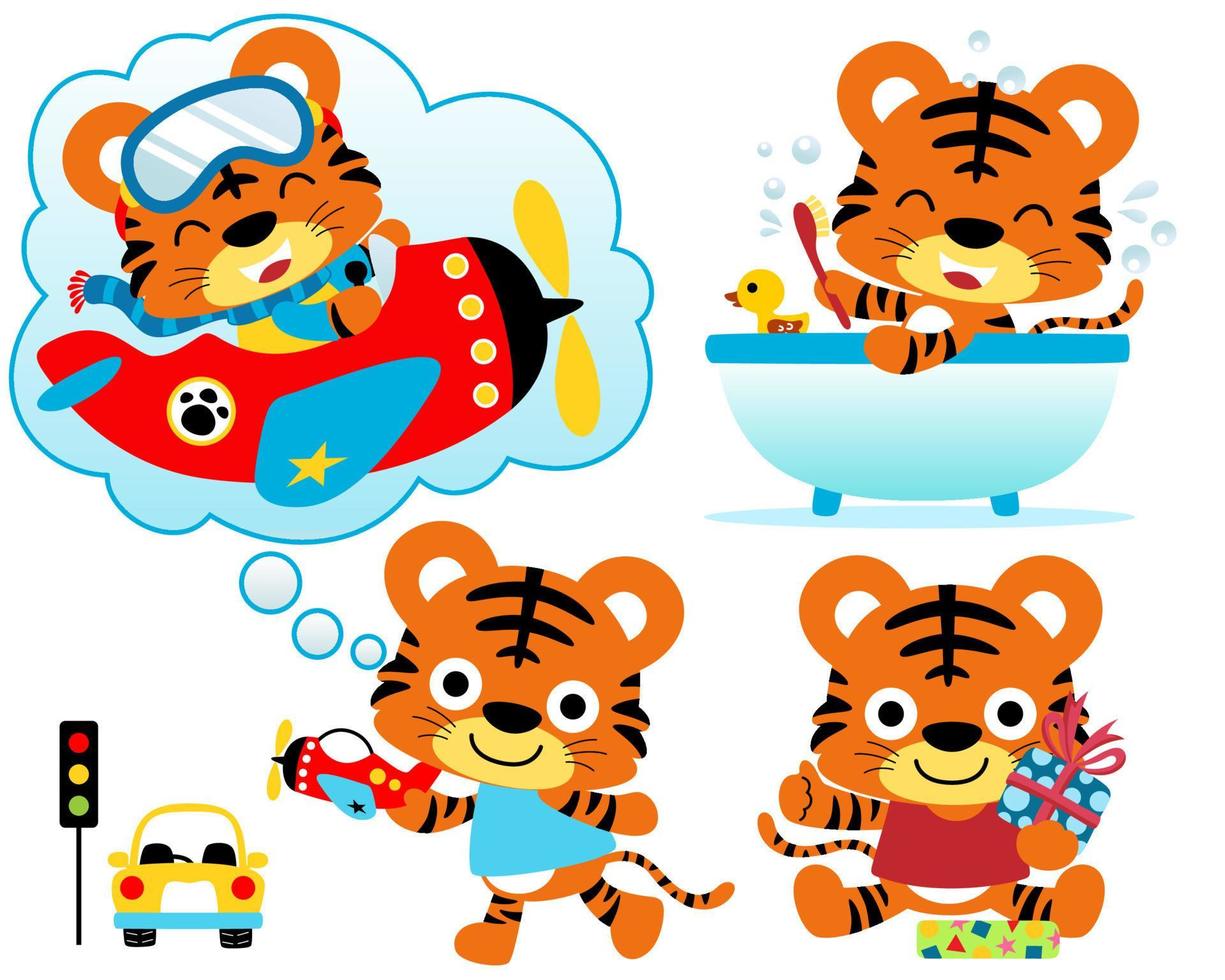 conjunto de ilustración vectorial de dibujos animados de tigre pequeño en diferentes actividades vector