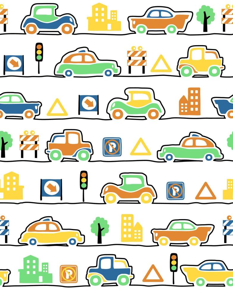 seamless pattern vector of hand drawn vehicles cartoon with traffic signs and buildings