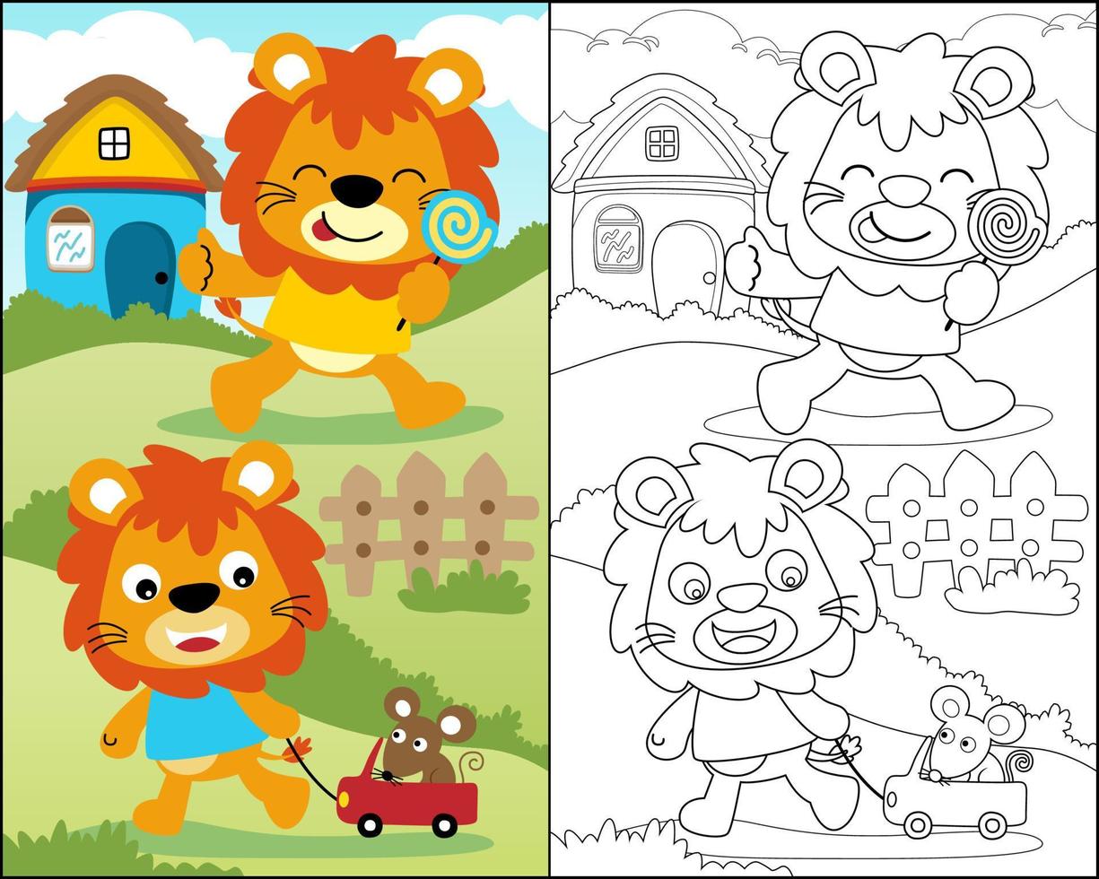 libro de color con divertidos dibujos animados de leones, linda actividad de leones con el ratón en el campo y el fondo de la casa vector