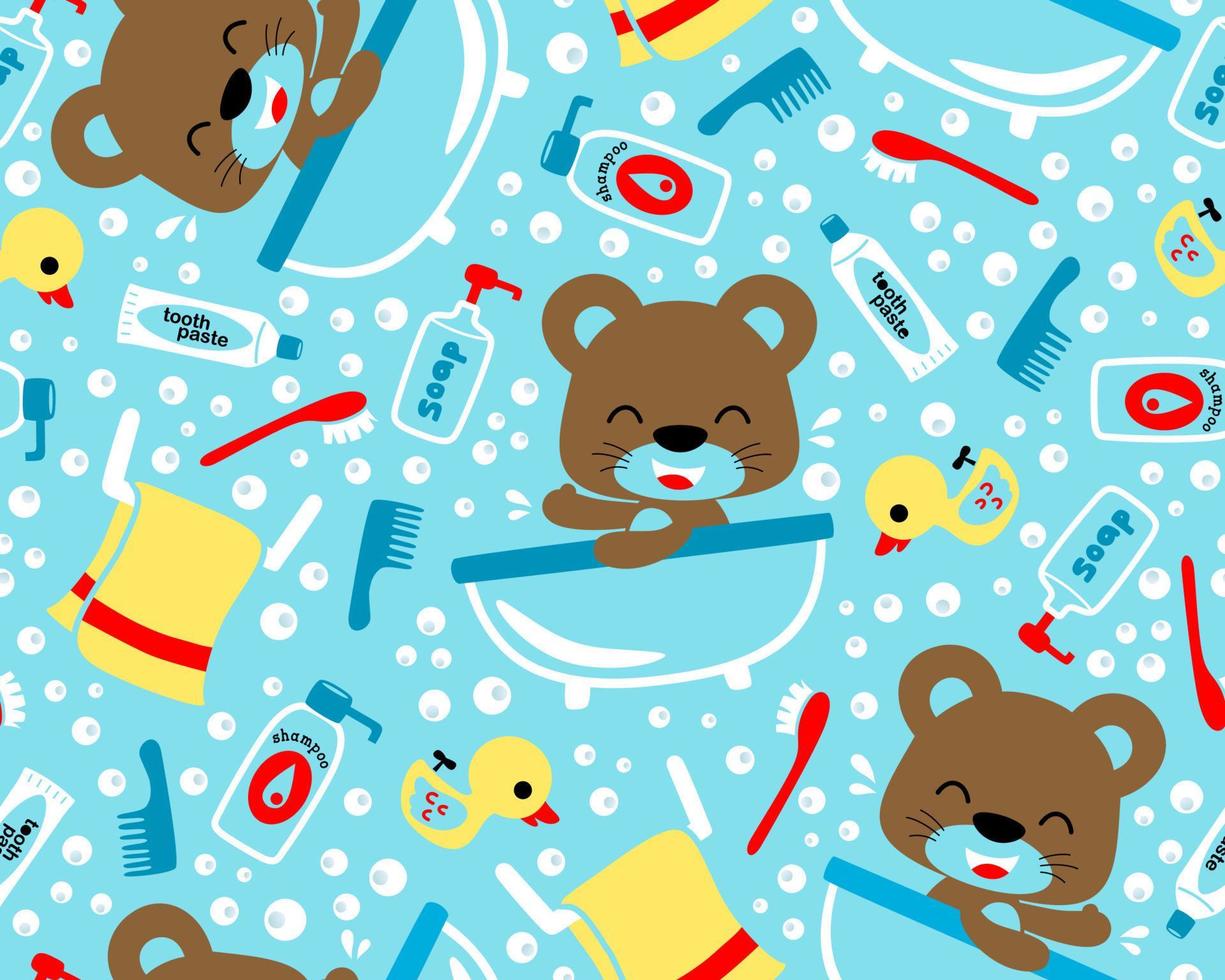 Seamless pattern of little bear in bathtub with bathroom elements. Vector cartoon illustration.