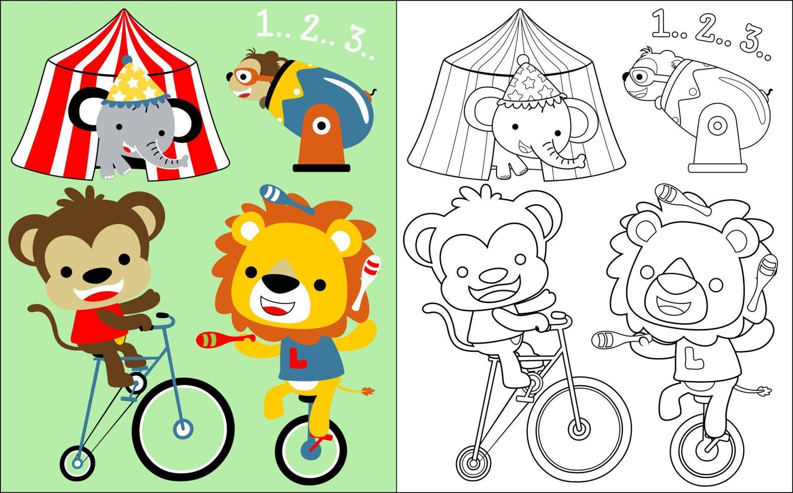 Coloring book vector with cute animals playing circus