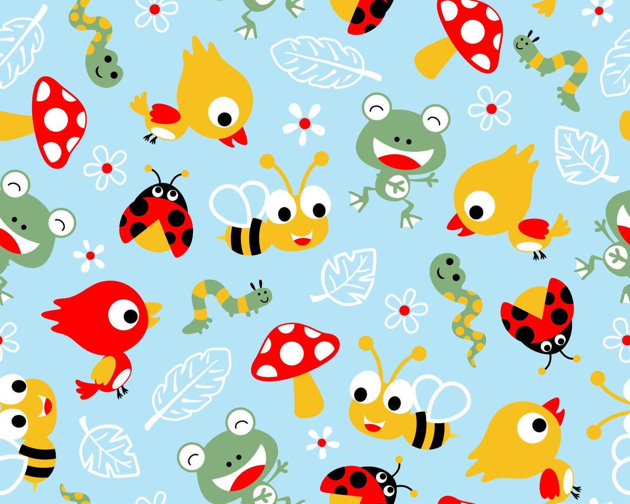 Vector seamless pattern of bugs cartoon and bird with leaves and flower
