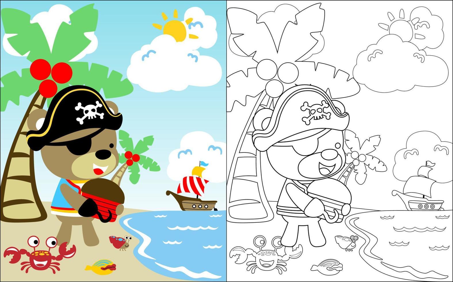 vector de libro de color de oso lindo disfrazado de pirata que lleva un cofre del tesoro en la playa con pequeños animales marinos