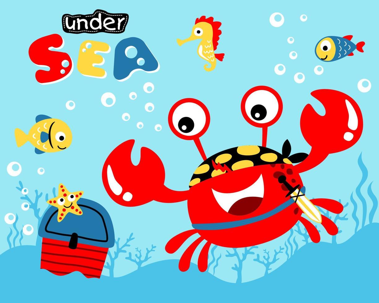 Vector illustration of funny crab in pirate costume with marine animals finding treasure undersea