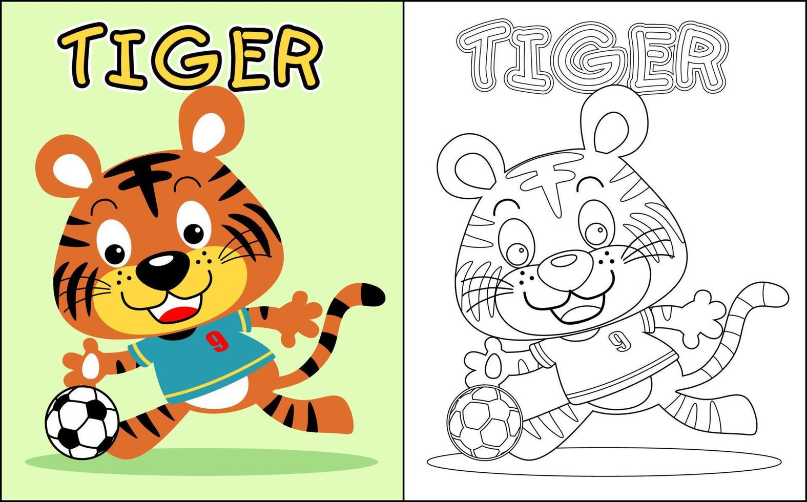 vector de libro para colorear con lindo tigre jugando al fútbol