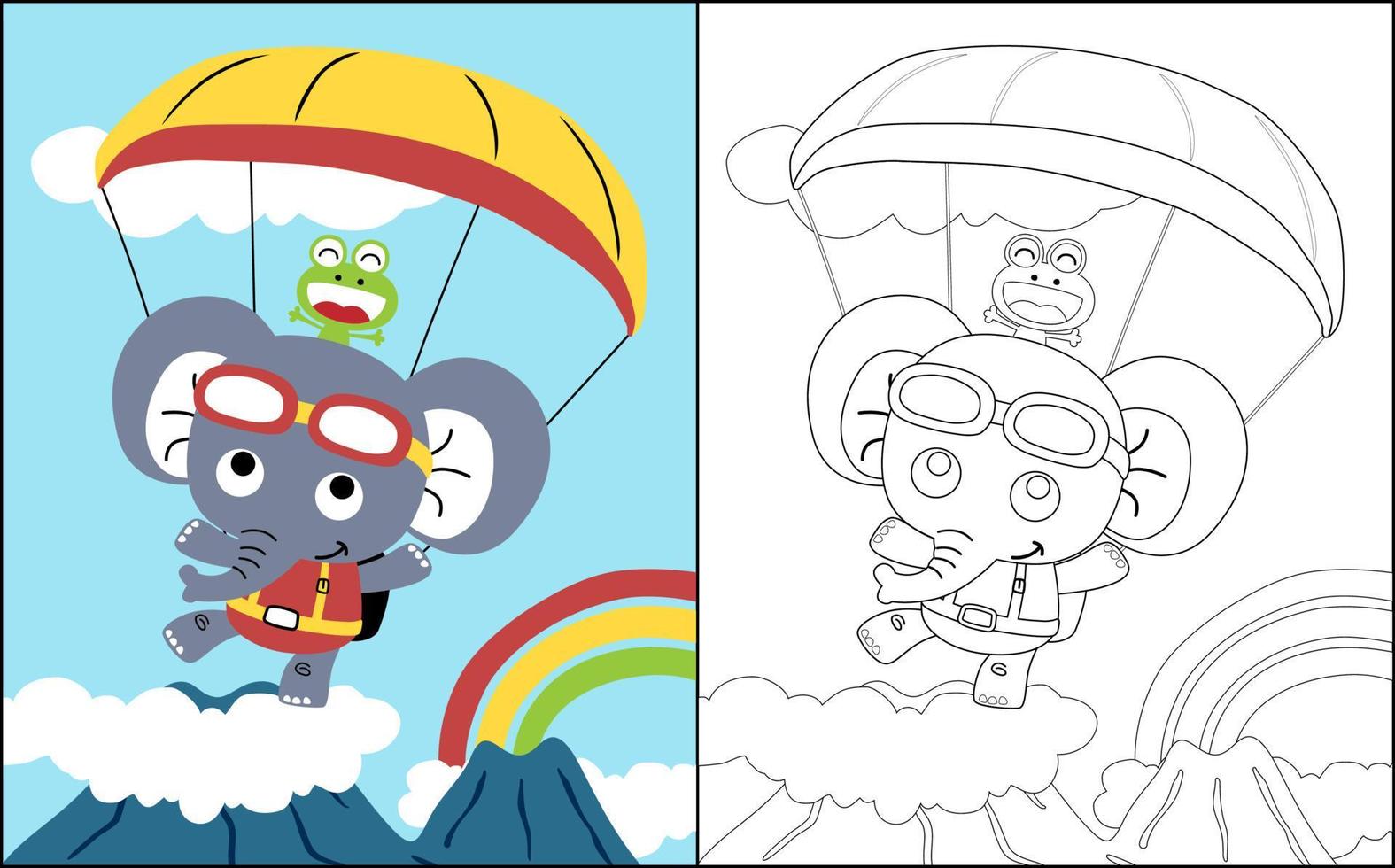 Coloring book vector of elephant with frog skydiving on mountains and rainbow background