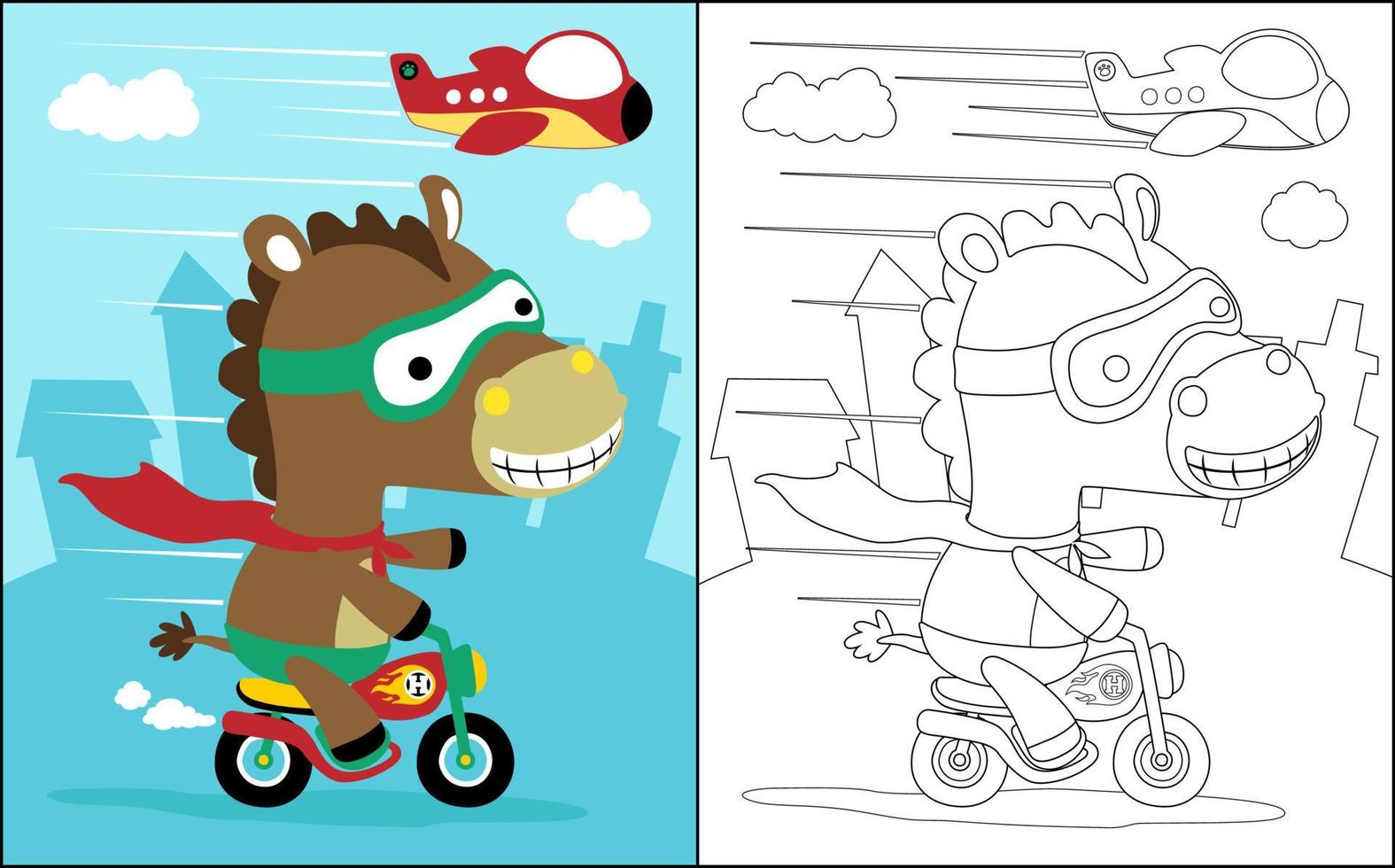 vector de libro de color de caballo gracioso disfrazado de superhéroe montando motocicleta en el fondo de edificios con un avión