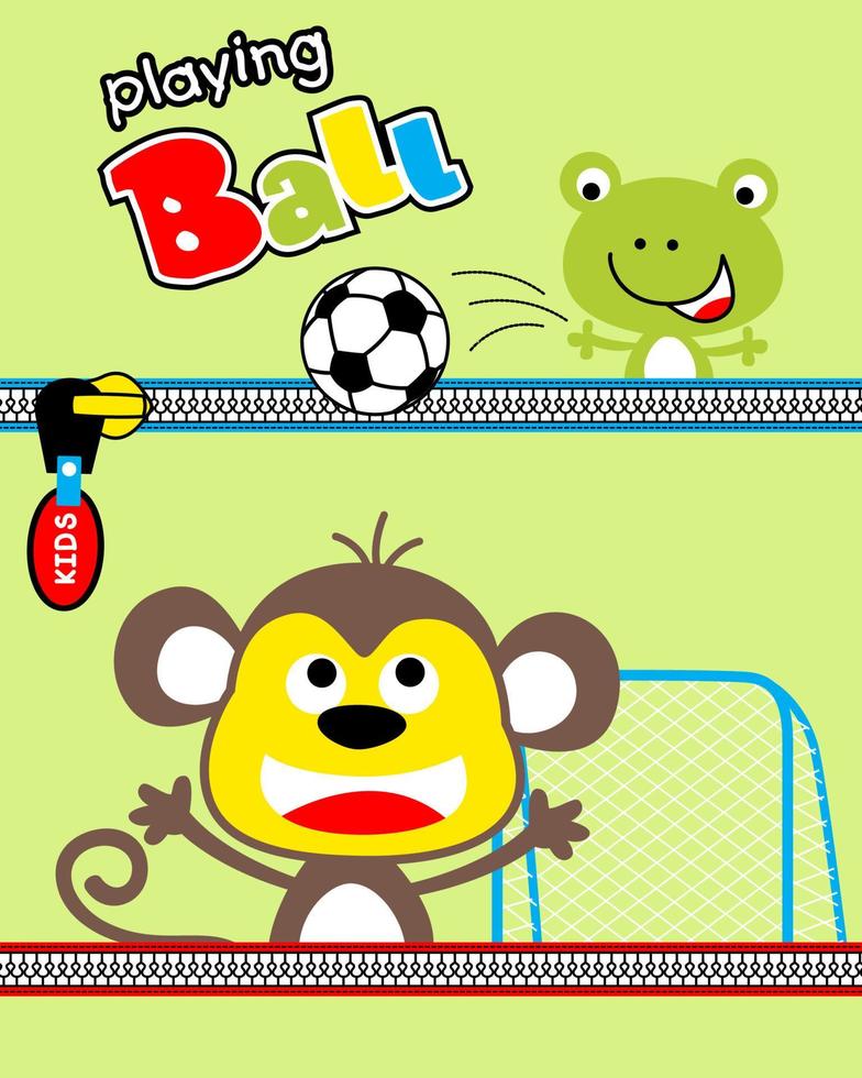vector de dibujos animados de mono con rana jugar al fútbol