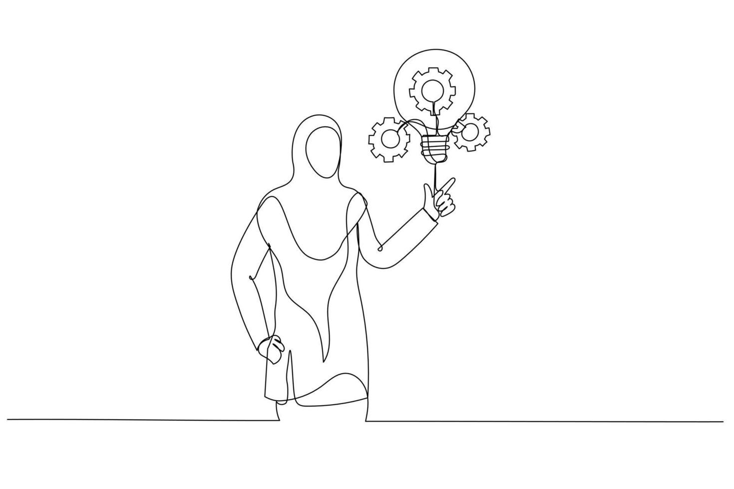 Illustration of arab muslim businesswoman launch himself with lightbulb concept of idea rocket. Single line art style vector