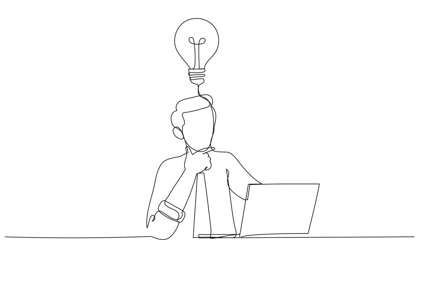 Illustration of businessman thinking about project at workplace thoughtful. Single continuous line art style vector
