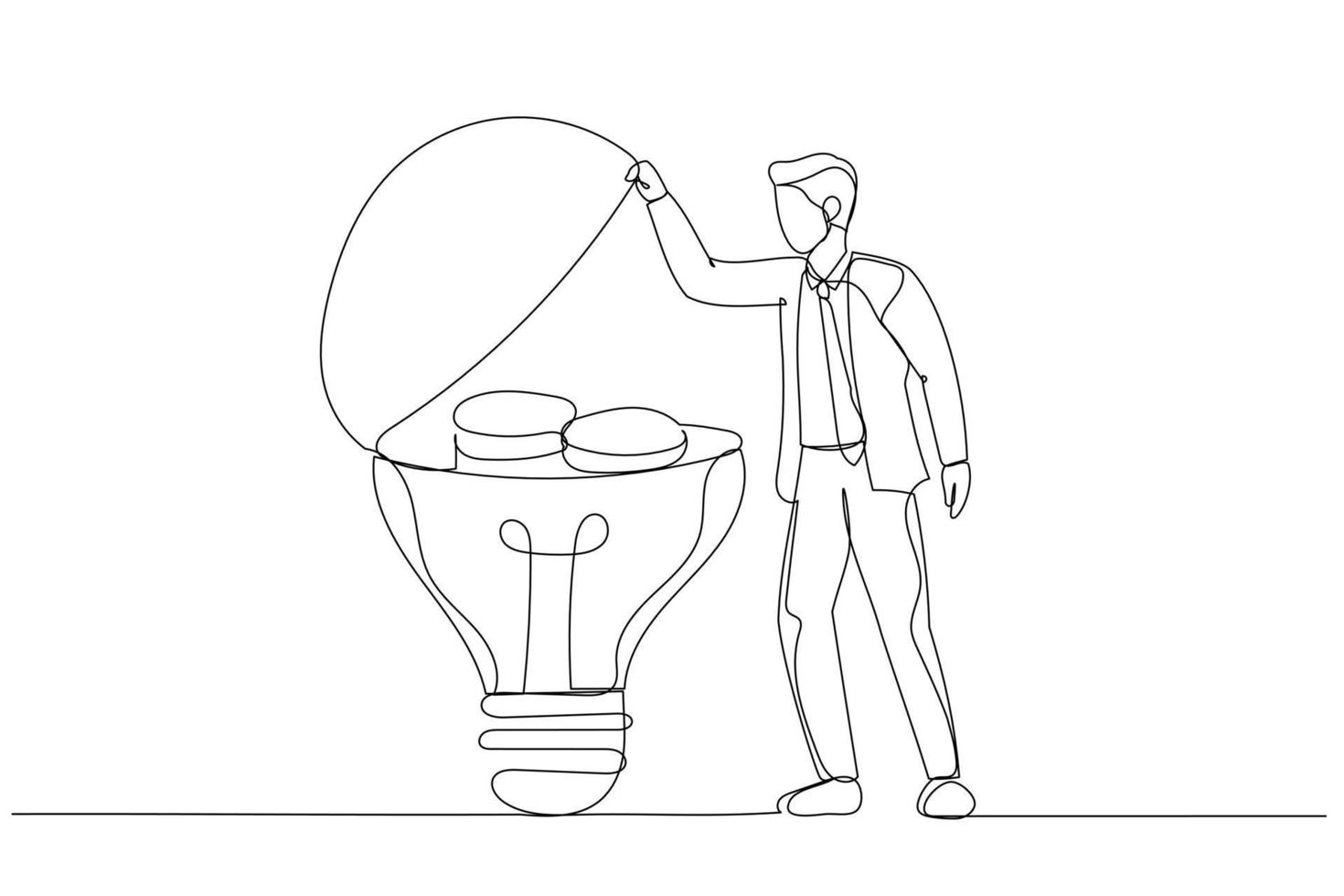 Drawing of businessman chasing and catch flying lightbulb ideas with net concept of business ideas. Single continuous line art style vector