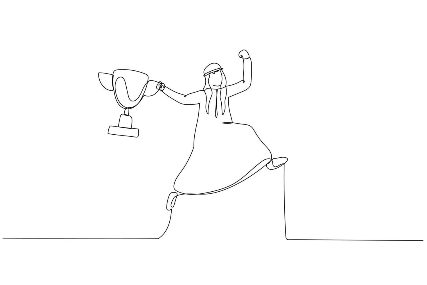 Drawing of arab businessman holding winning trophy jumping high for celebration concept of celebration. Single continuous line art vector