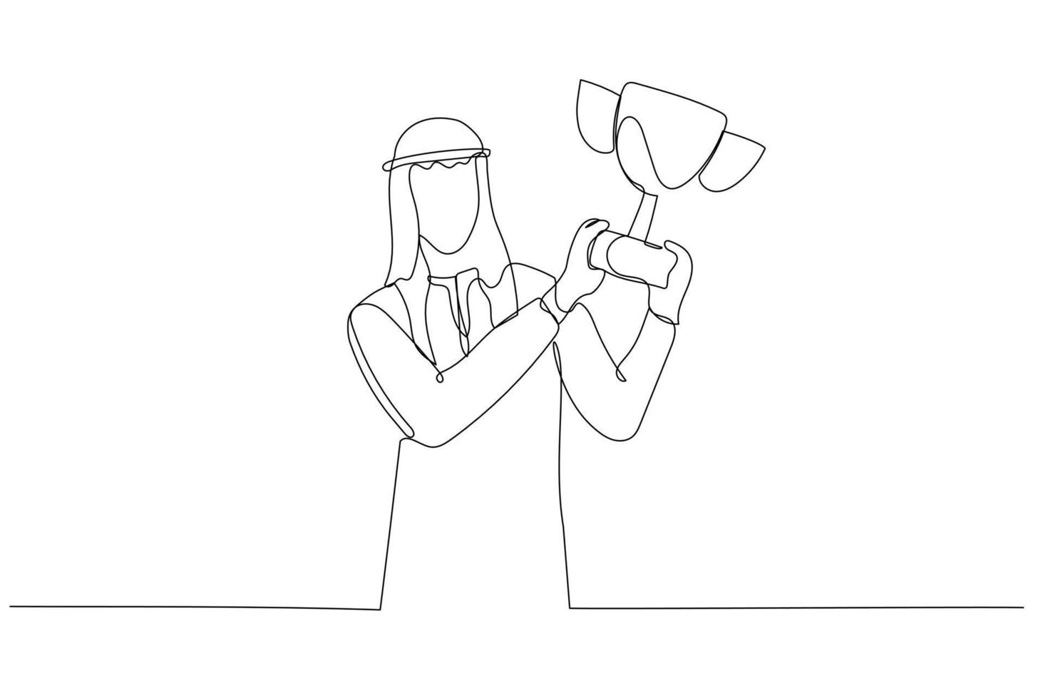 Cartoon of arab businessman raising trophy metaphor of success. Single line art style vector