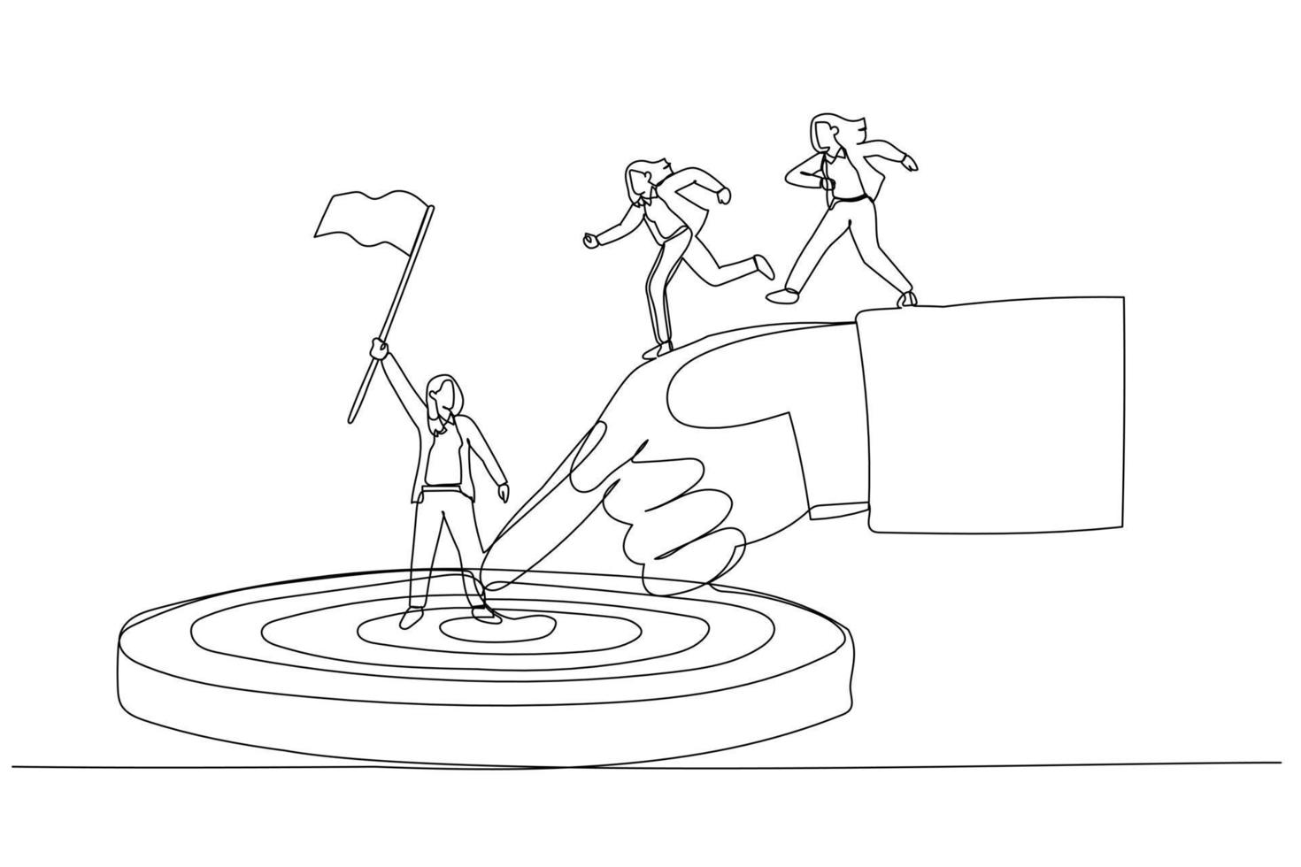 Cartoon of big hand helping businesswoman reach business target metaphor of cooperation. Single continuous line art style vector