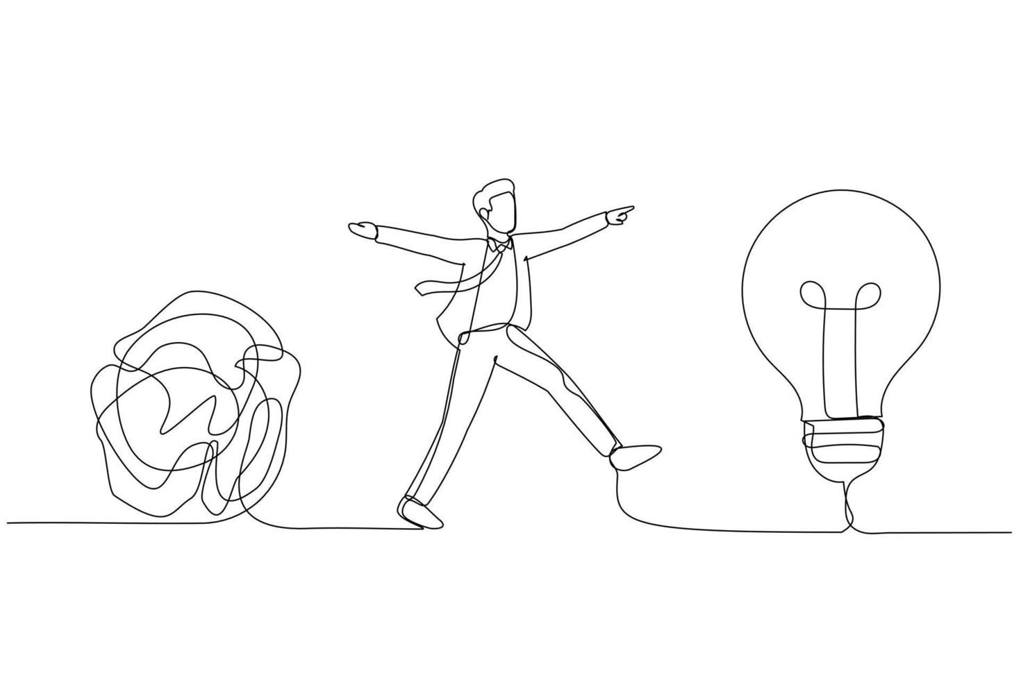 Cartoon of smart businessman walking away from mess chaos line to simple lightbulb idea. Simplify idea. One line style art vector