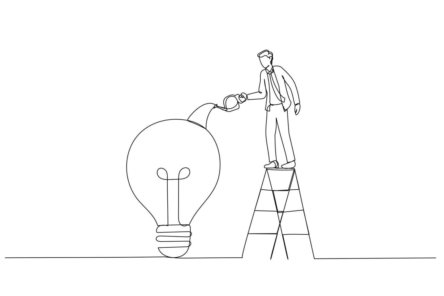 Illustration of businessman drop lubricant or grease into mechanical gears lightbulb  concept of creativity. Single continuous line art style vector