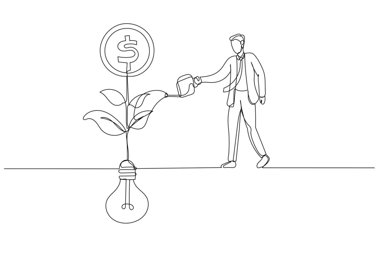 Drawing of businessman switching on the switch to turn on lightbulb lamp over his head concept of inspiration. Single continuous line art vector